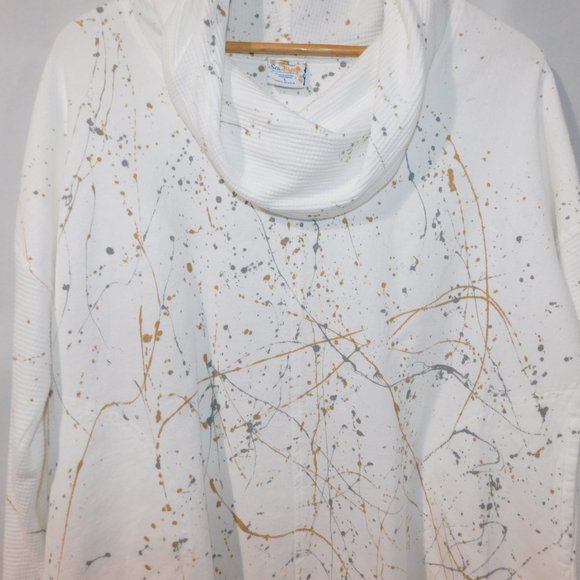 Sea Breeze of California Womens L White Gold Silver Paint Splatter Cowlneck Top - Picture 9 of 12